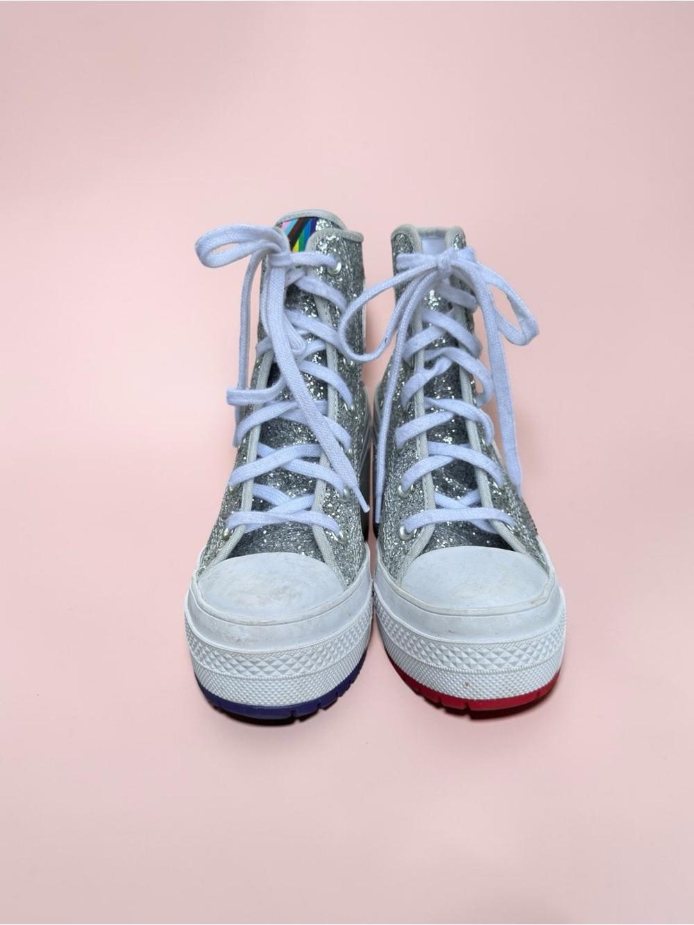 Converse Chuck 70 De Luxe Heel Disco Glam Silver Glitter Pride Chunky women sz 5 - Picture 2 of 13